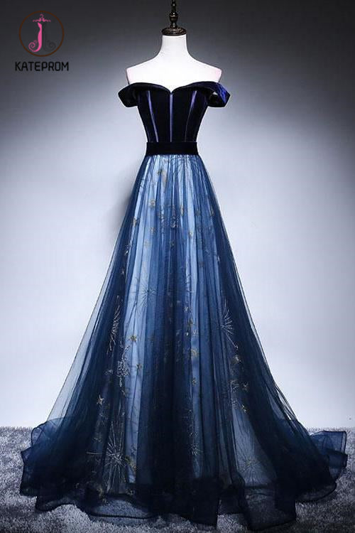 Dark Blue Velvet Tulle Long Prom Dress, Elegant Off the Shoulder Evening Dress with Sleeve KPP1232