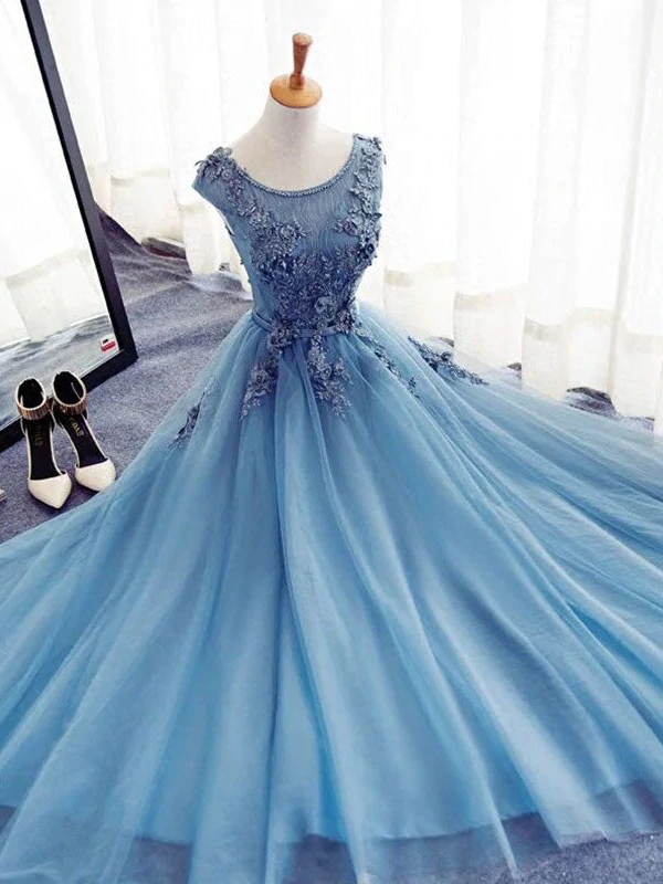 Chic A line Scoop Beaded Long Prom Dress Tulle Applique Evening Party Dress KPP1502