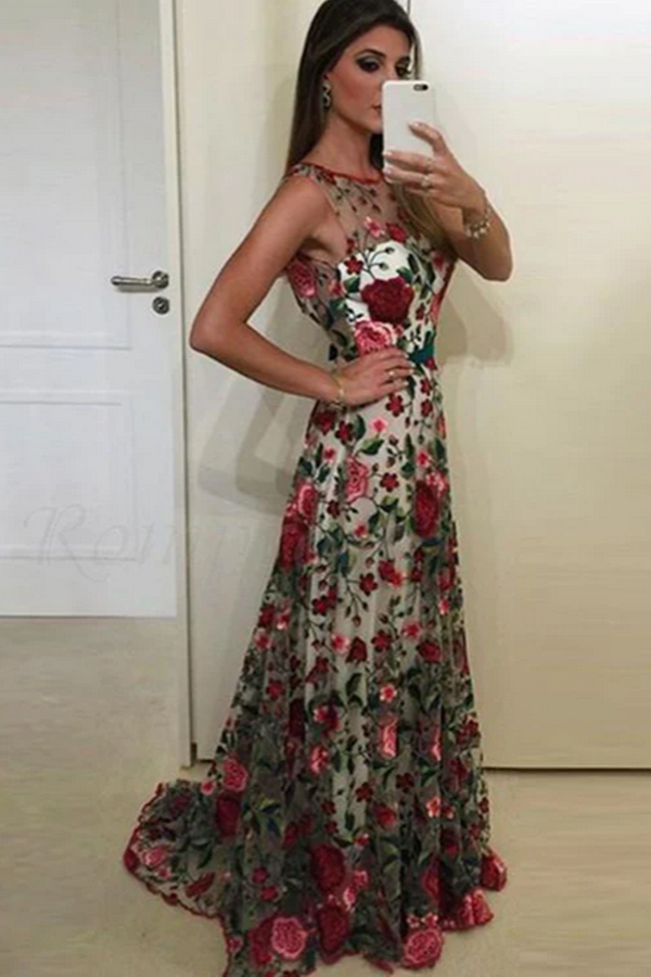 Fabulous Scoop A line Lace Rose Floral Embroidery Long Prom Dresses KPP1629