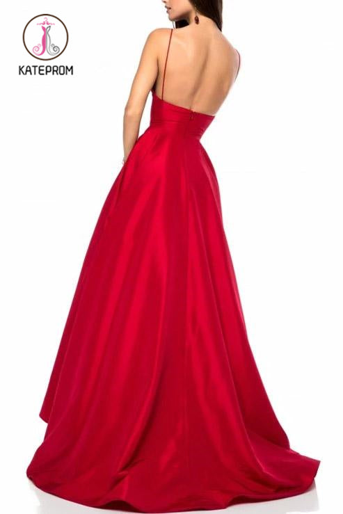 Royal Blue Simple V Neck Satin Prom Dress, A Line Spaghetti Straps Long Evening Dress KPP0996