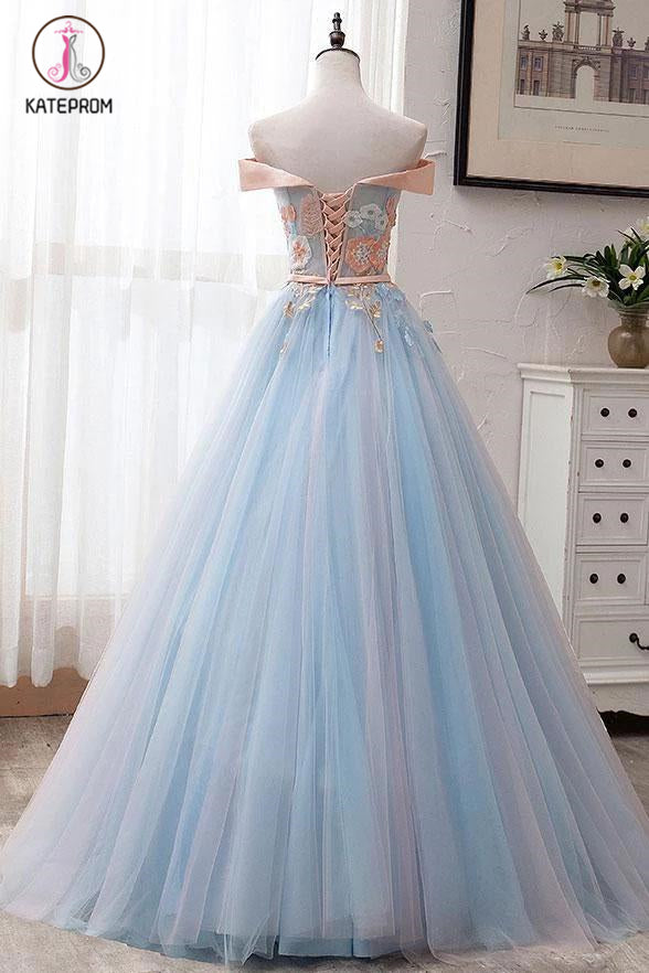 Light Blue Off Shoulder Floor Length Tulle Prom Gown with Appliques, Puffy Long Evening Dress KPP1108