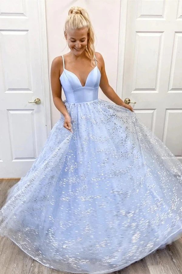 Shiny Sequins Spaghetti Straps V Neck Light Blue A Line Long Prom Dress KPP1459