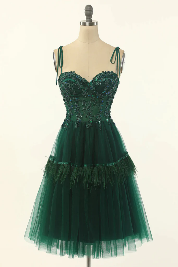 Green Sweetheart Tie-Strap A Line Tulle Short Homecoming Dress KPH0701