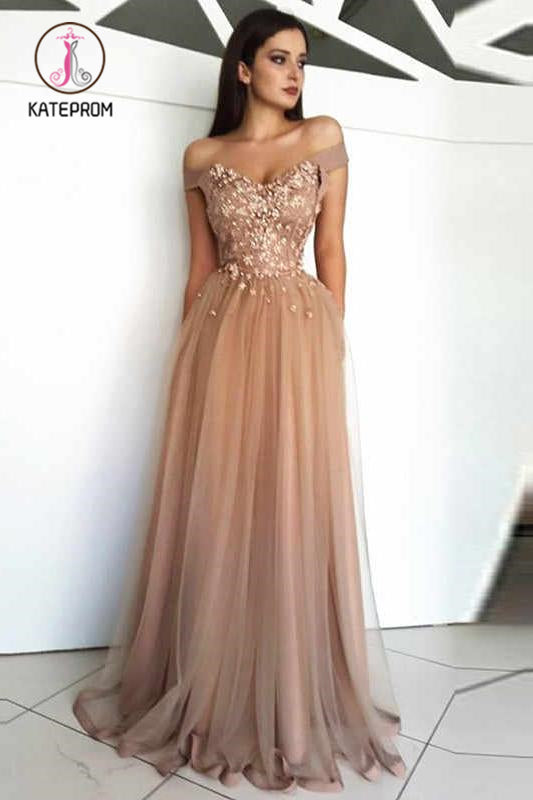 Floor Length Off Shoulder Tulle Evening Dress with Appliques, Elegant Prom Gown KPP1053