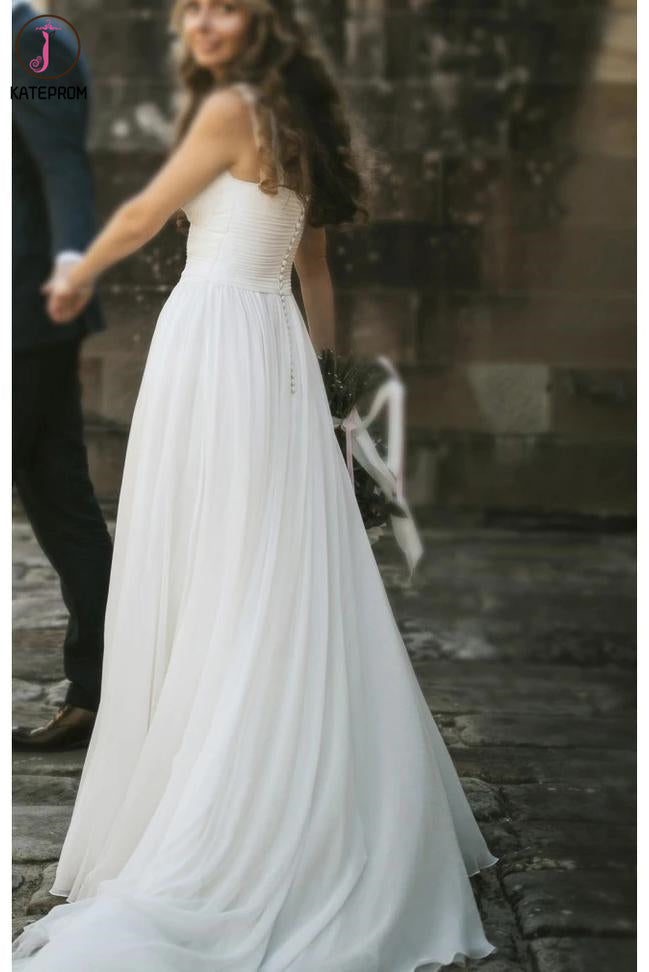Fairy A-line V Neck Sleeveless Chiffon Beach Wedding Dresses With Button, Simple Bridal Dress KPW0584