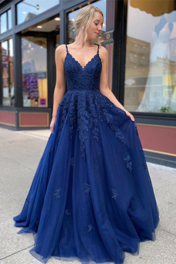 A Line V neck Lace Navy Blue Tulle Long Prom Dresses, Evening Dress KPP1369