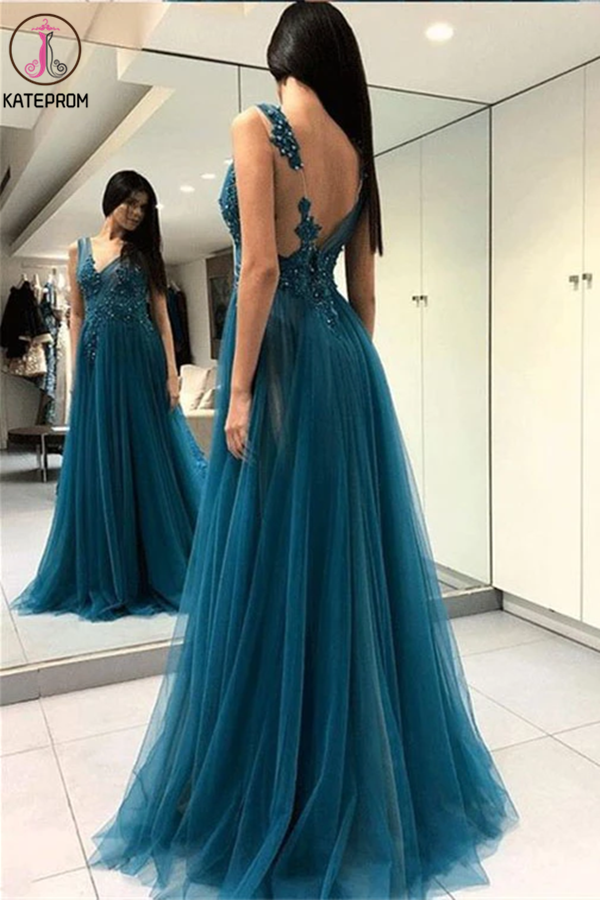 A-line Prom Dresses Deep V Blue Tulle Modest Long Prom Dress KPP1333