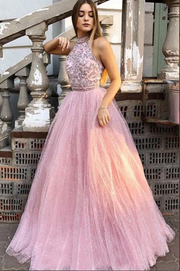 Sparkly Tulle A line Halter Appliqued Long Prom Dresses, Evening Gowns KPP1486
