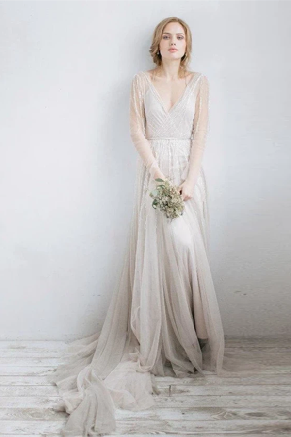 Long Sleeve V Neck Illusion Tulle Weddig Dress With Beading KPW0641