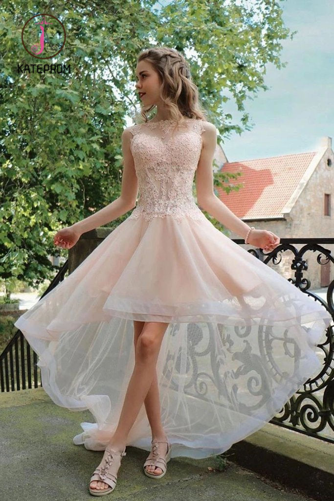 Light Pink High Low Sleeveless Tulle Prom Dress with Lace, Cute Hi Lo Party Dresses KPP1020