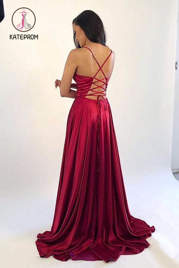 Burgundy Spaghetti Strap Sleeveless Split Prom Dress, Simple Long Evening Dresses KPP0900
