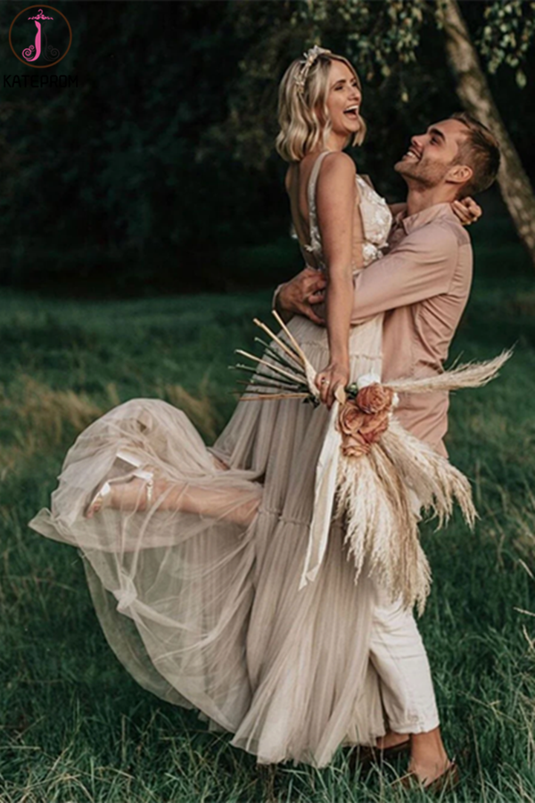 Attractive V neck Appliques A Line Rustic Backless Wedding Dress KPW0628