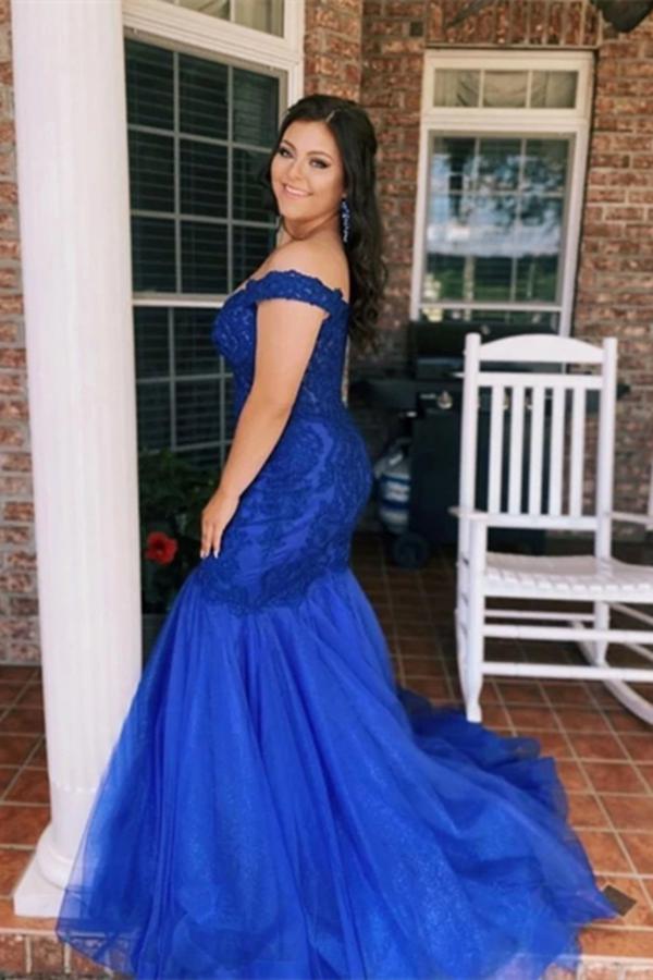 Chic Mermaid Off The Shoulder Royal Blue Prom Dress Tulle Evening Dresses KPP1495