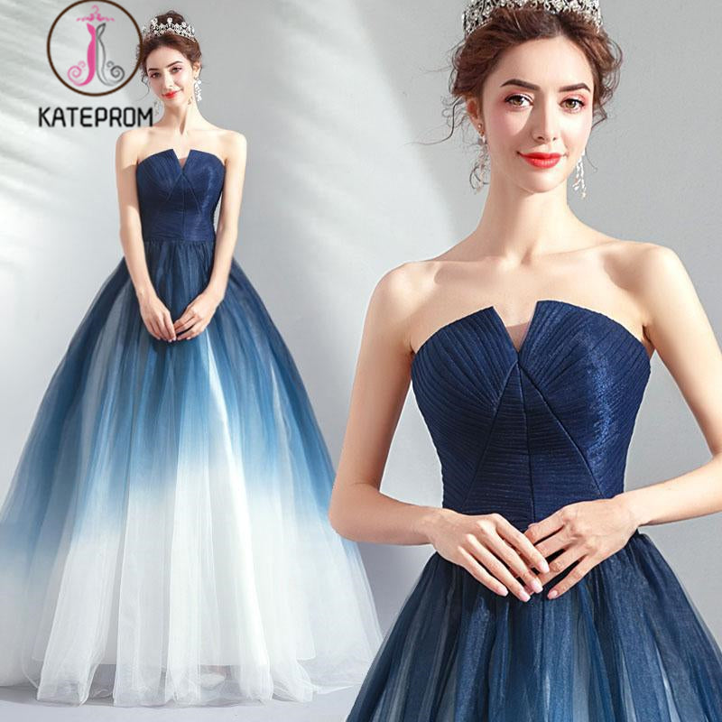 Ombre Strapless A Line Long Prom Dress, Blue Ombre Graduation Dress with Lace Up Back KPP0893