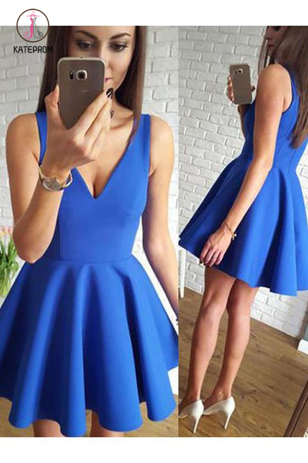 Royal Blue A Line V-Neck Short Homecoming Dress with Ruched, Mini Prom Dresses KPH0287