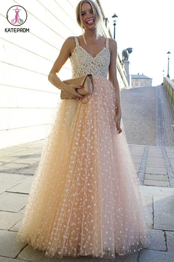 Sparkly Prom Dresses A-line Straps Beading Long Beautiful Prom Dress Sexy Evening Dress KPP1348