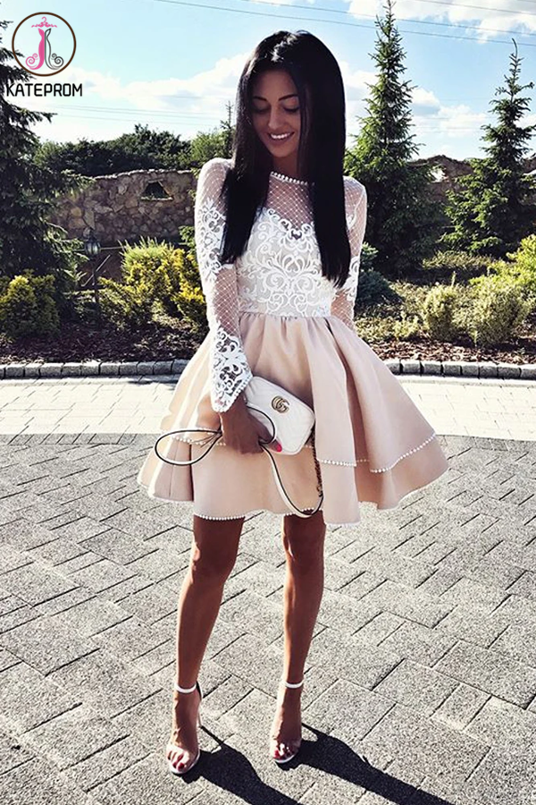 A Line Long Sleeve Satin Short Homecoming Dress, Lace Mini Party Dresses KPH0539