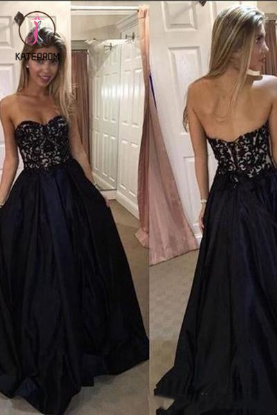 Black Sweetheart Prom Dress with Lace, A Line Strapless Long Graduation Dress KPP0914