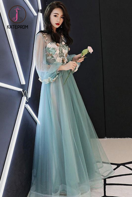 Charming Long Sleeves Tulle Prom Dress with Flowers, A Line Floor Length Party Dress KPP0937
