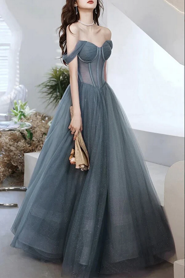 Gray Blue Tulle A line Sweetheart Neck Long Prom Dresses, Evening Dresses KPP1627