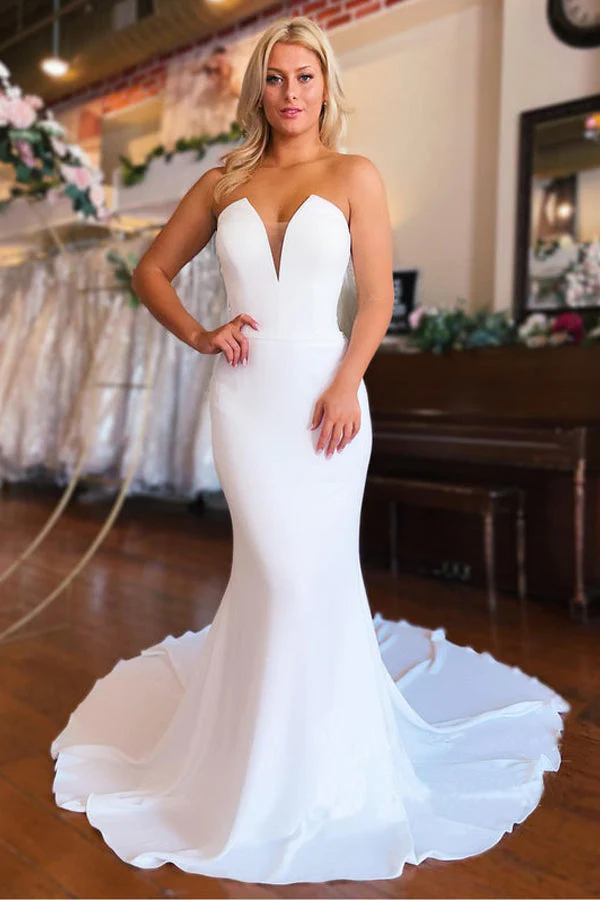 Strapless Chapel Train Mermaid Long Satin Wedding Dresses KPW0730
