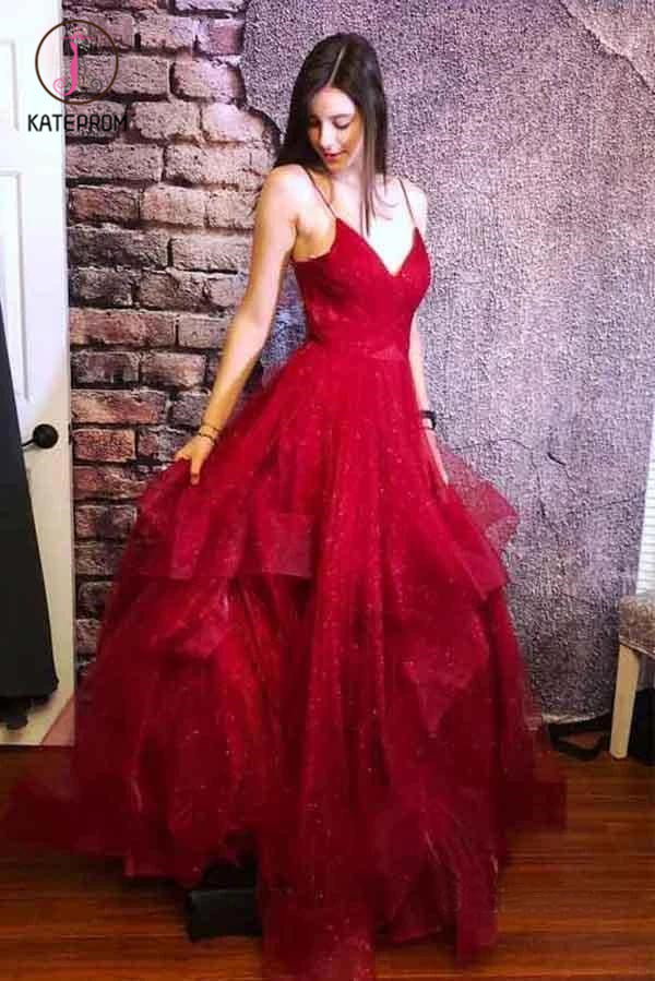 Red Spaghetti Straps V Neck Asymmetrical Prom Dress, Backless Sparkly Long Formal Dress KPP1237