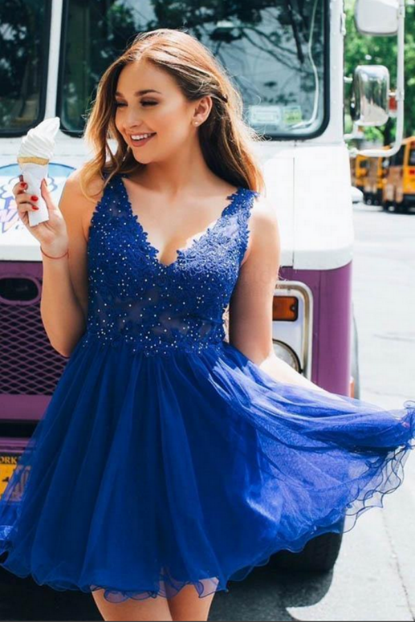 Royal Blue Tulle A line V neck Beaded Homecoming Dress With Appliques KPH0628