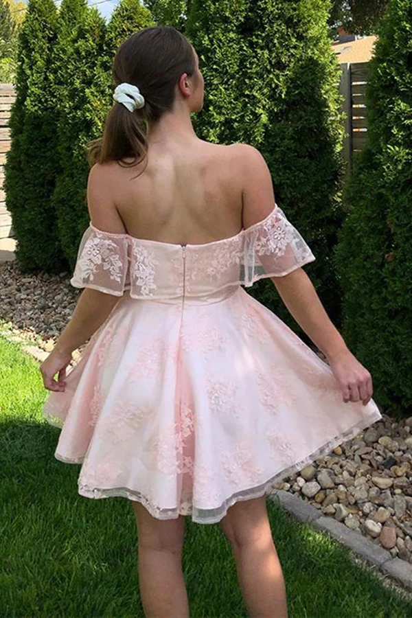 Off The Shoulder Short Pink Lace Prom Dresses Homecoming Dresses KPH0633