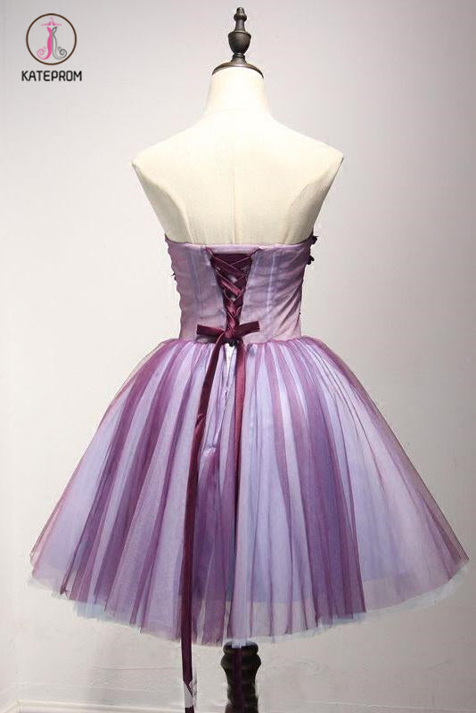 Purple Strapless Sleeveless Appliques Flower Short Formal Dresses with Beads KPH0293