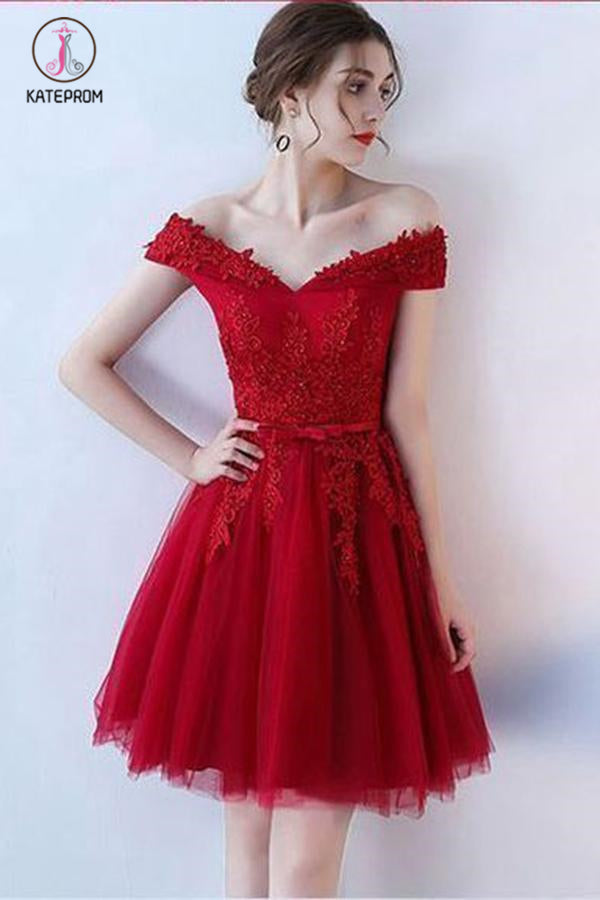 Red Off Shoulder Tulle Short Homecoming Dresses, Appliqued Simple Party Dresses KPH0325
