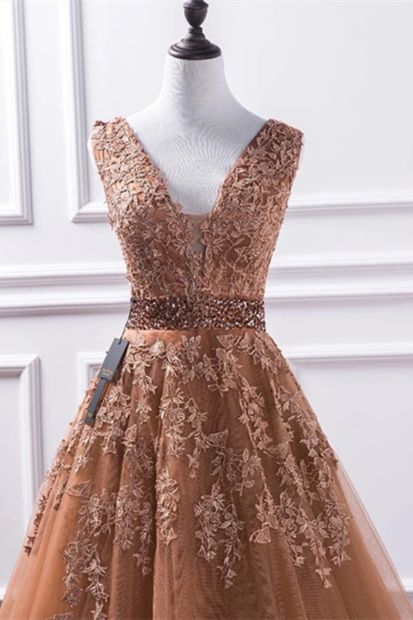 Champagne V Neck Lace Long Prom Dresses, Lace Formal Dresses, Evening Dress KPP1357