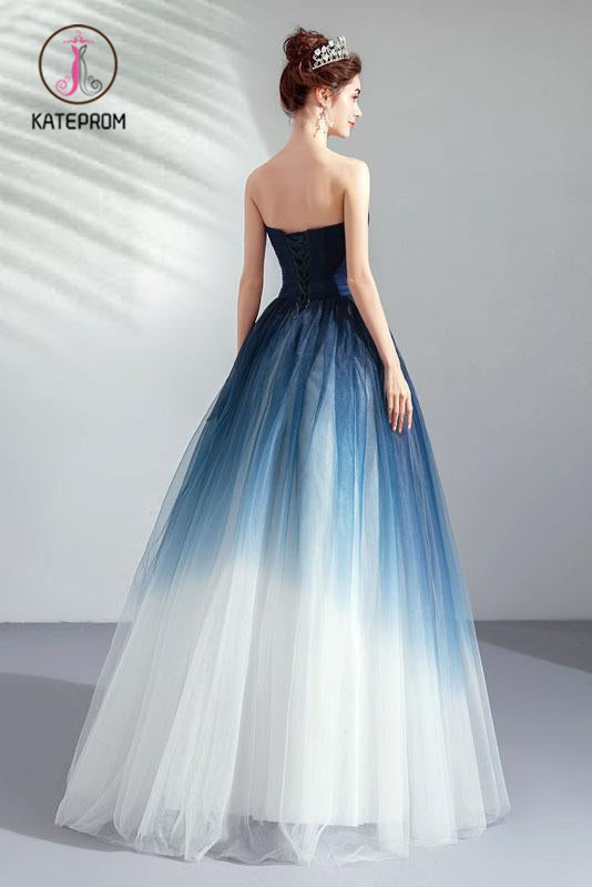 Ombre Strapless A Line Long Prom Dress, Blue Ombre Graduation Dress with Lace Up Back KPP0893