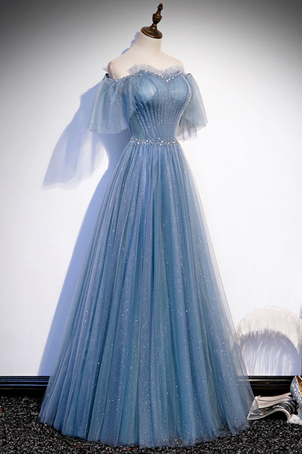 Blue Tulle Long A Line Prom Dress, Off the Shoulder Evening Party Dress KPP1759