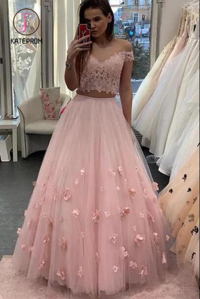 Two Piece Floor Length Tulle Prom Dress with Lace, Long Off the Shoulder Dress with Flower KPP1003