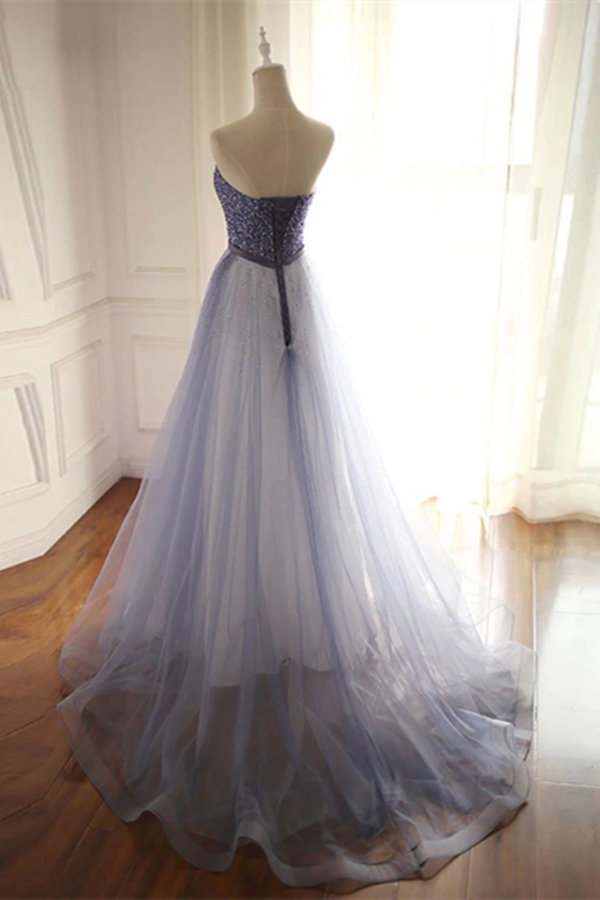 Shimmering Tulle Strapless Neckline A Line Evening Dresses With Beading KPP1528