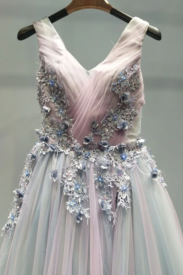 Beautiful Prom Dress A line V neck Applique Ombre Tulle Long Prom Dresses Evening Dress KPP1491