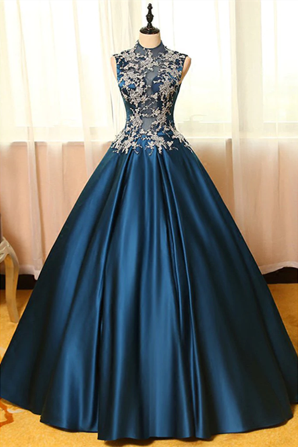 Chic Prom Dresses Appliques High Neck Ball Gown Long Prom Dress Evening Dress KPP1618