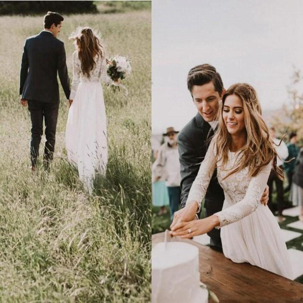 Vintage Long Sleeve Ivory Lace Chiffon Scoop Wedding Dresses Country Wedding Gowns KPW0693
