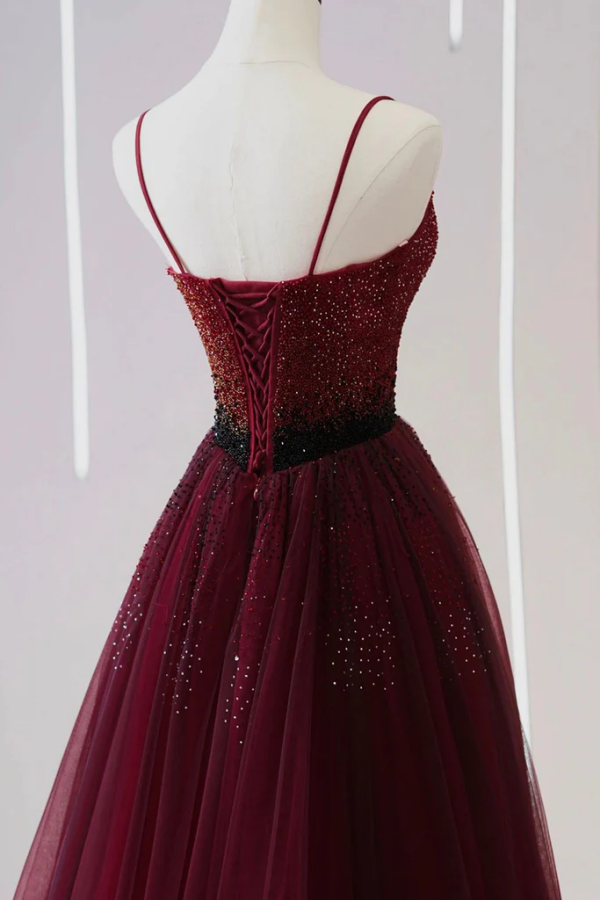 A Line V Neck Beaded Burgundy Tulle Long Prom Dress, Beaded Burgundy Formal Graduation Evening Dress KPP1710