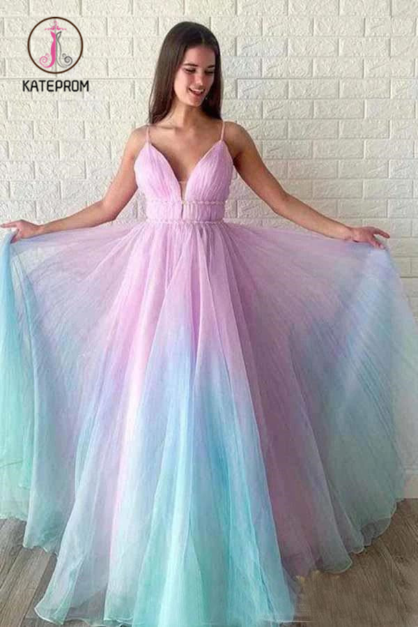 Ombre Spaghetti Straps Sleeveless A Line Prom Dress, Flowy Ombre Party Dresses KPP1013