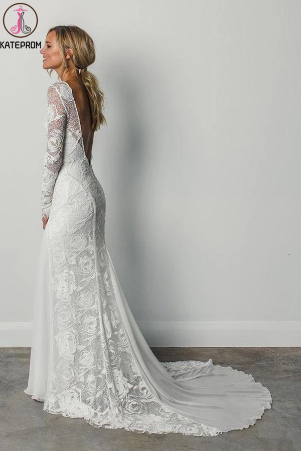 Sheath A Line Long Sleeves Ivory Rustic Lace Backless Scoop Neck Beach Wedding Dresses KPW0612