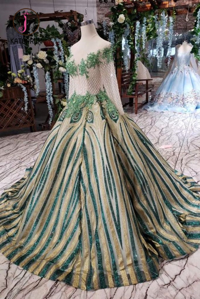 Unique Puffy Long Sleeves Long Graduation Dresses, Sheer Neck Quinceanera Dress KPP0907