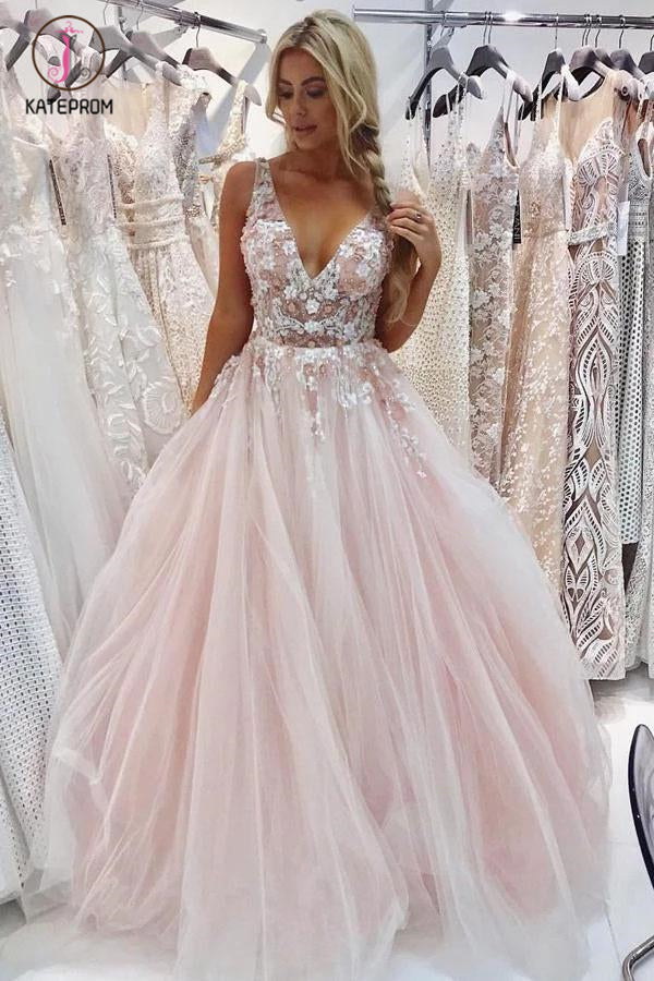Light Pink V Neck Sleeveless Tulle Prom Dress with Flowers and Beads KPP1101