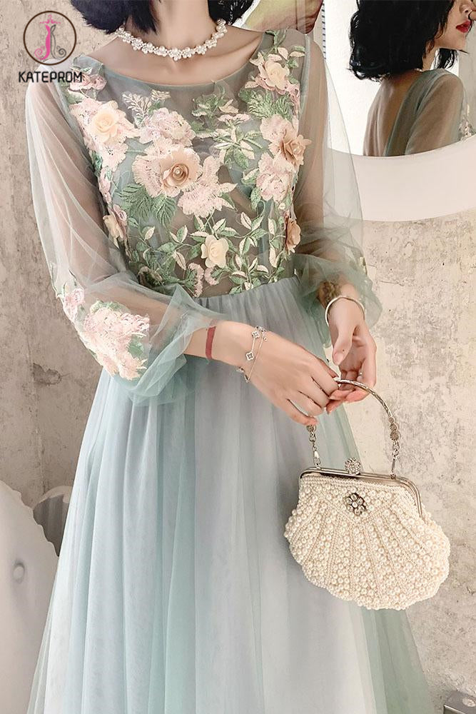 Elegant Long Sleeves Appliqued Tulle Prom Dress, Floor Length Appliques Evening Dress KPP1078