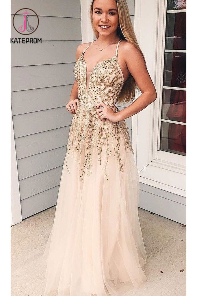 Charming Appliques Spaghetti Straps Tulle Long Prom Dress, V neck Evening Dress KPP0890