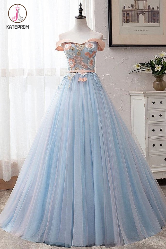 Light Blue Off Shoulder Floor Length Tulle Prom Gown with Appliques, Puffy Long Evening Dress KPP1108