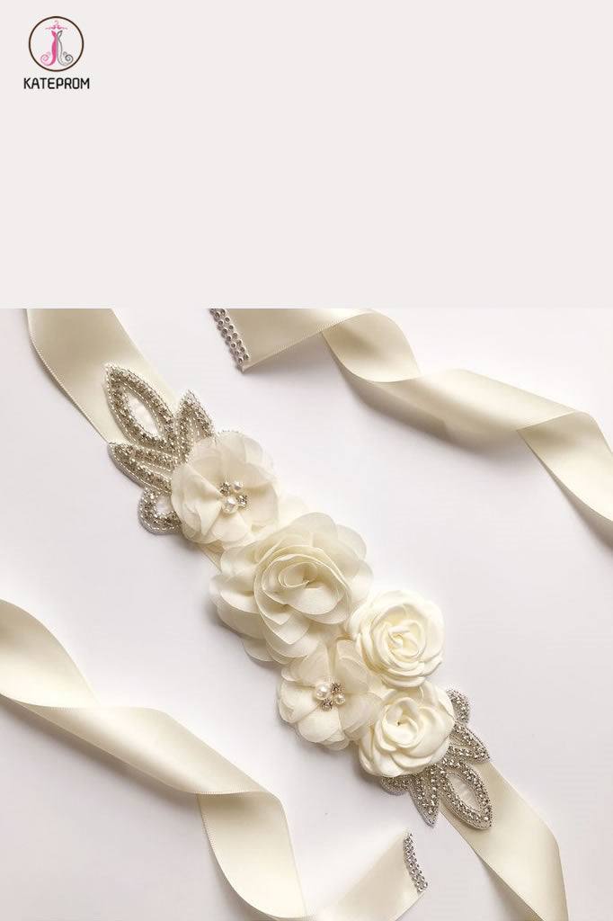 Rose Flower Rhinestone Pearls Wedding Sash KPS0003