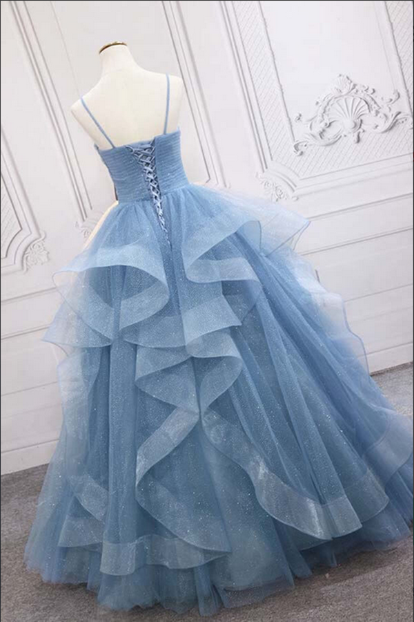 Shiny Blue Tulle A line Spaghetti Straps Long Prom Dresses, Evening Gown KPP1602