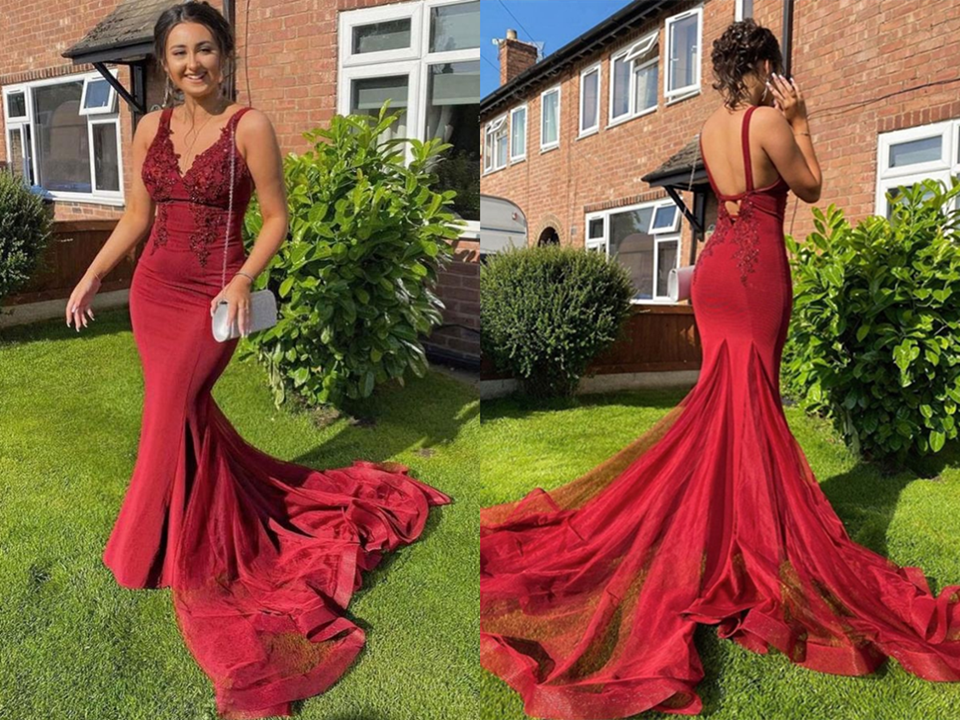 Sexy Red Mermaid Long Prom Formal Dresses with Appliques KPP1470