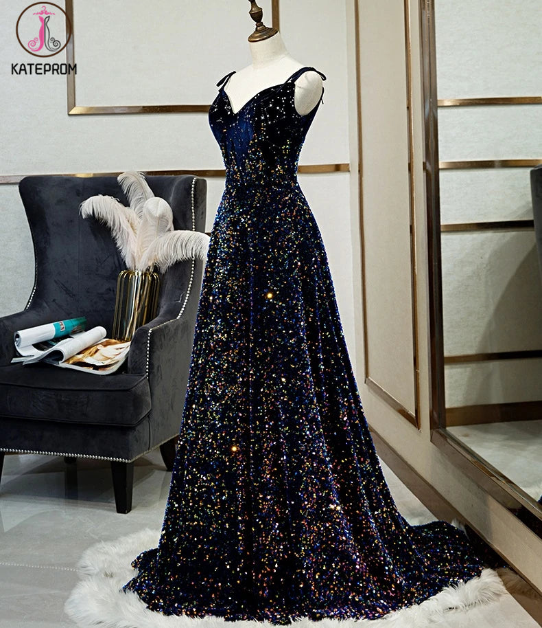 Sparkly Long A-line Lace Up Back Evening Prom Dresses Party Dress KPP1310